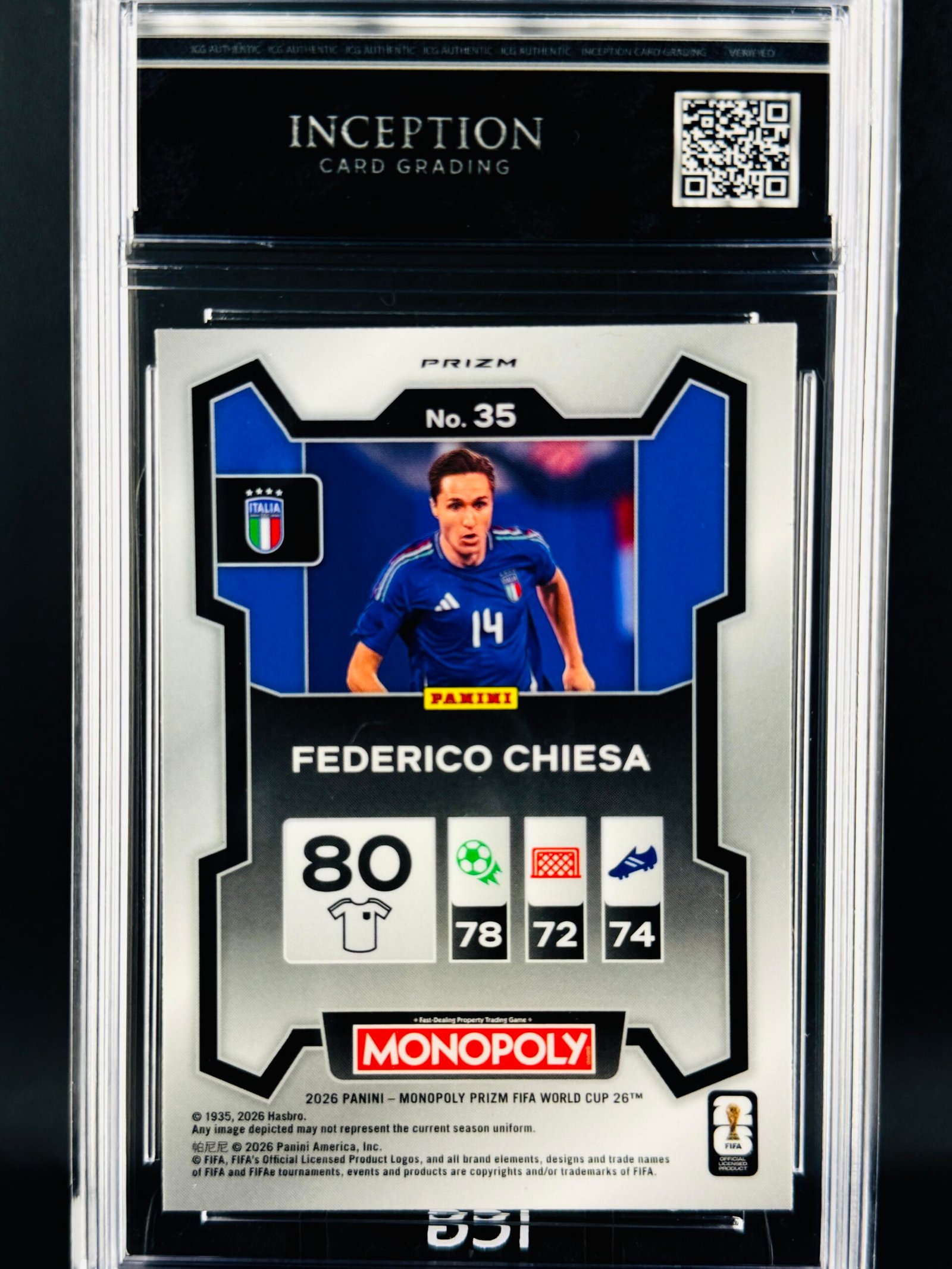 Otra vista de Cromo Federico Chiesa SILVER PRIZM Panini Fifa World Cup Monopoly GEM MINT 10 · Inception Card Grading · ICG · Sports Cards · TCG