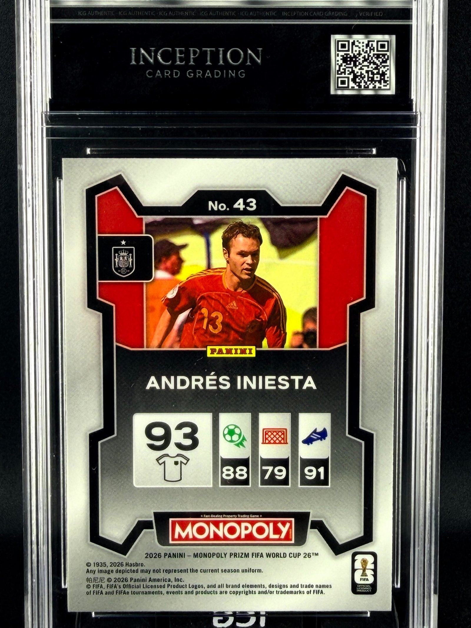 Otra vista de Cromo Andres Iniesta Panini Monopoly GEM MINT 10 · Inception Card Grading · ICG · Sports Cards · TCG