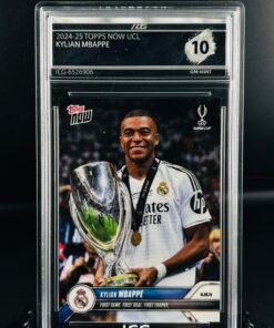Fotografía de Cromo de fútbol Kylian Mbappé Topps Now UCL First Trophy Inception Card Grading GM MINT 10 sport cards