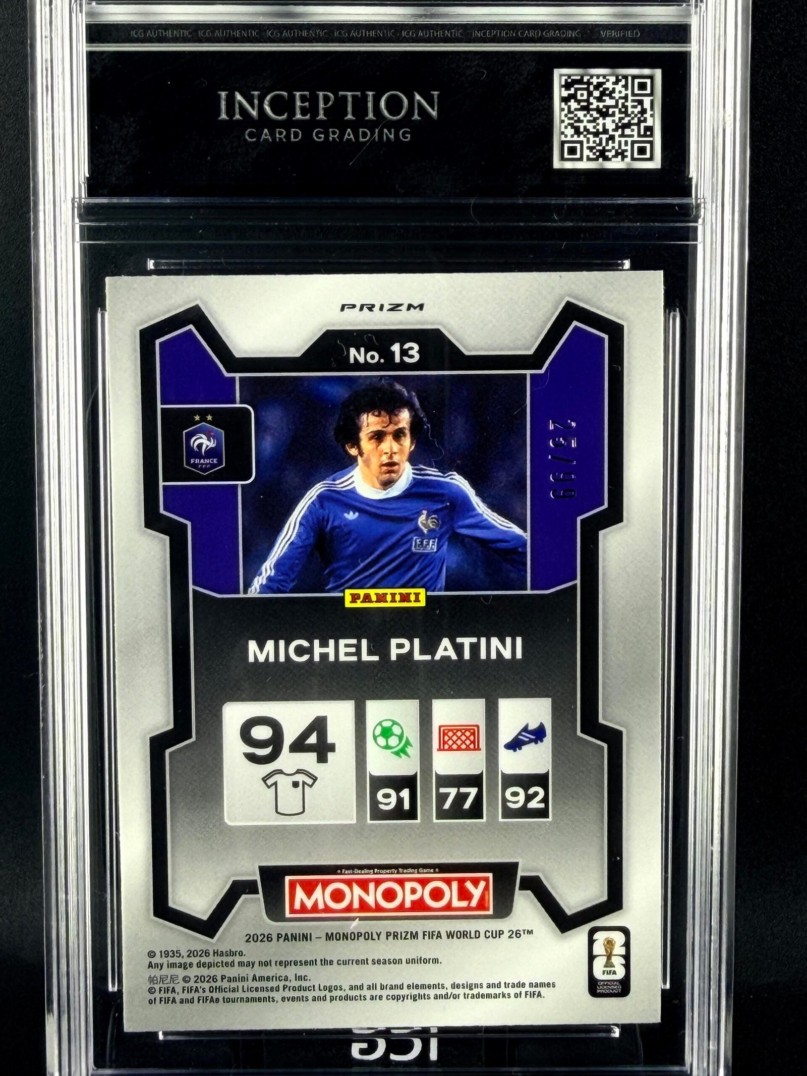 Otra vista de Cromo Michel Platini Panini Monopoly Purple Prizm /99 MINT 9 · Inception Card Grading · ICG · Sports Cards · TCG