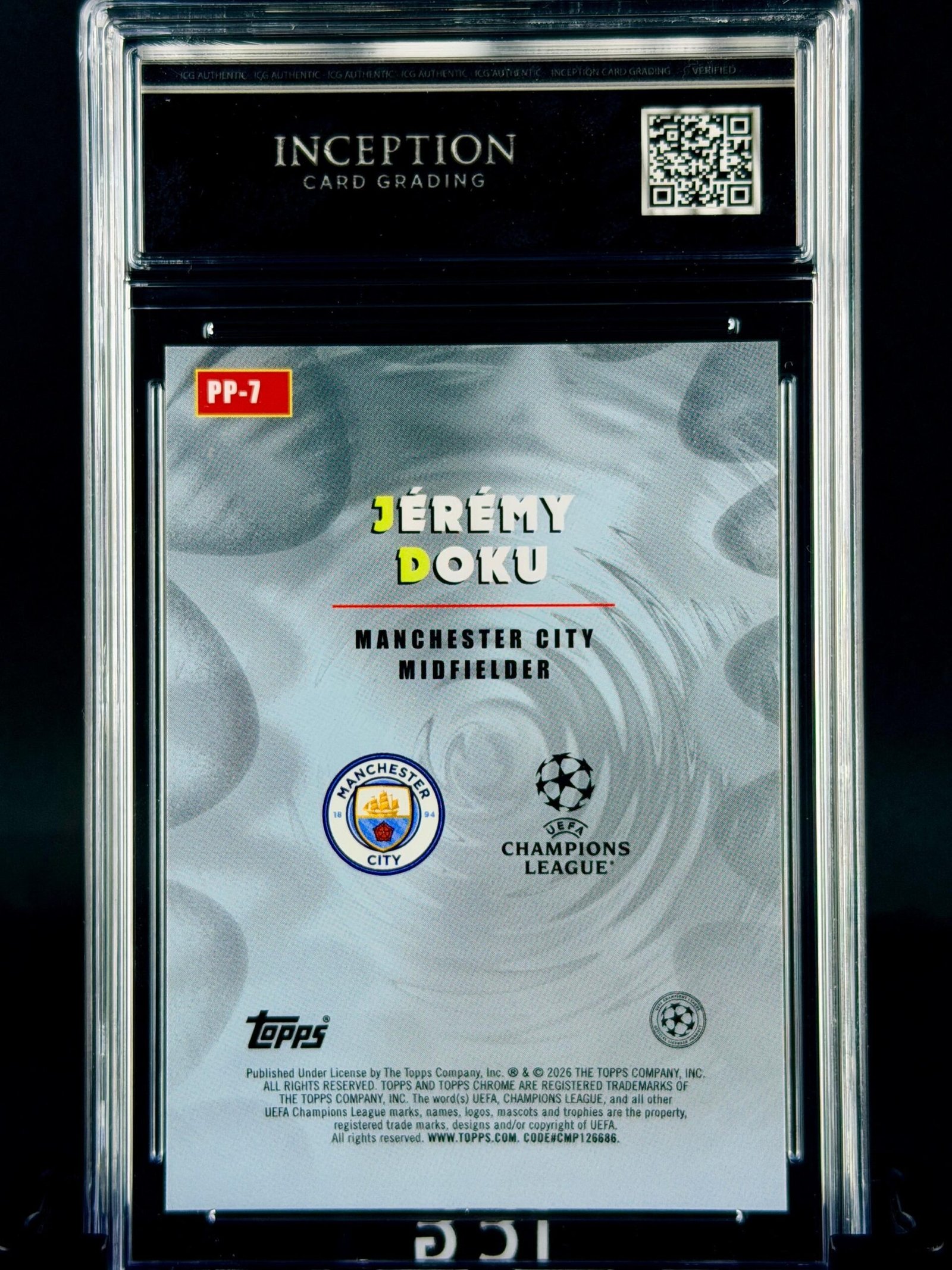 Otra vista de Cromo Jeremy Doku Topps Chrome Power Players GEM MINT 10 · Inception Card Grading · ICG · Sports Cards · TCG