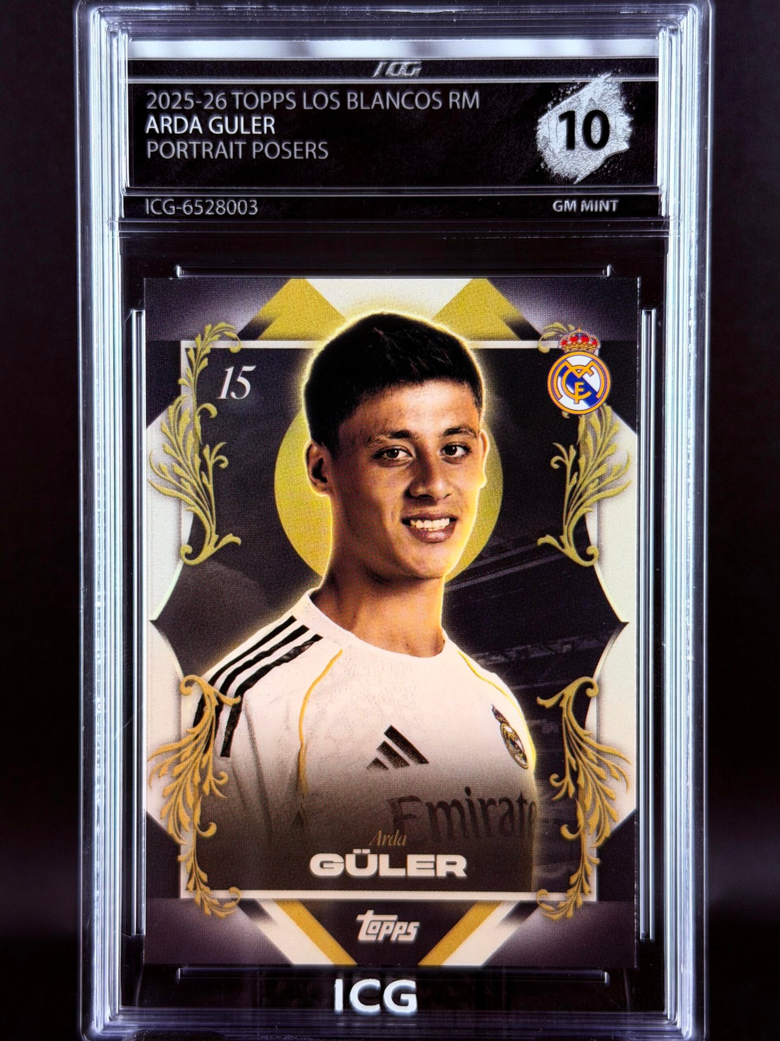 Otra vista de Cromo Arda Guler Portrait Posers Topps Los Blancos Real Madrid · GEM MINT 10 · Inception Card Grading · ICG · Sports Cards · TCG