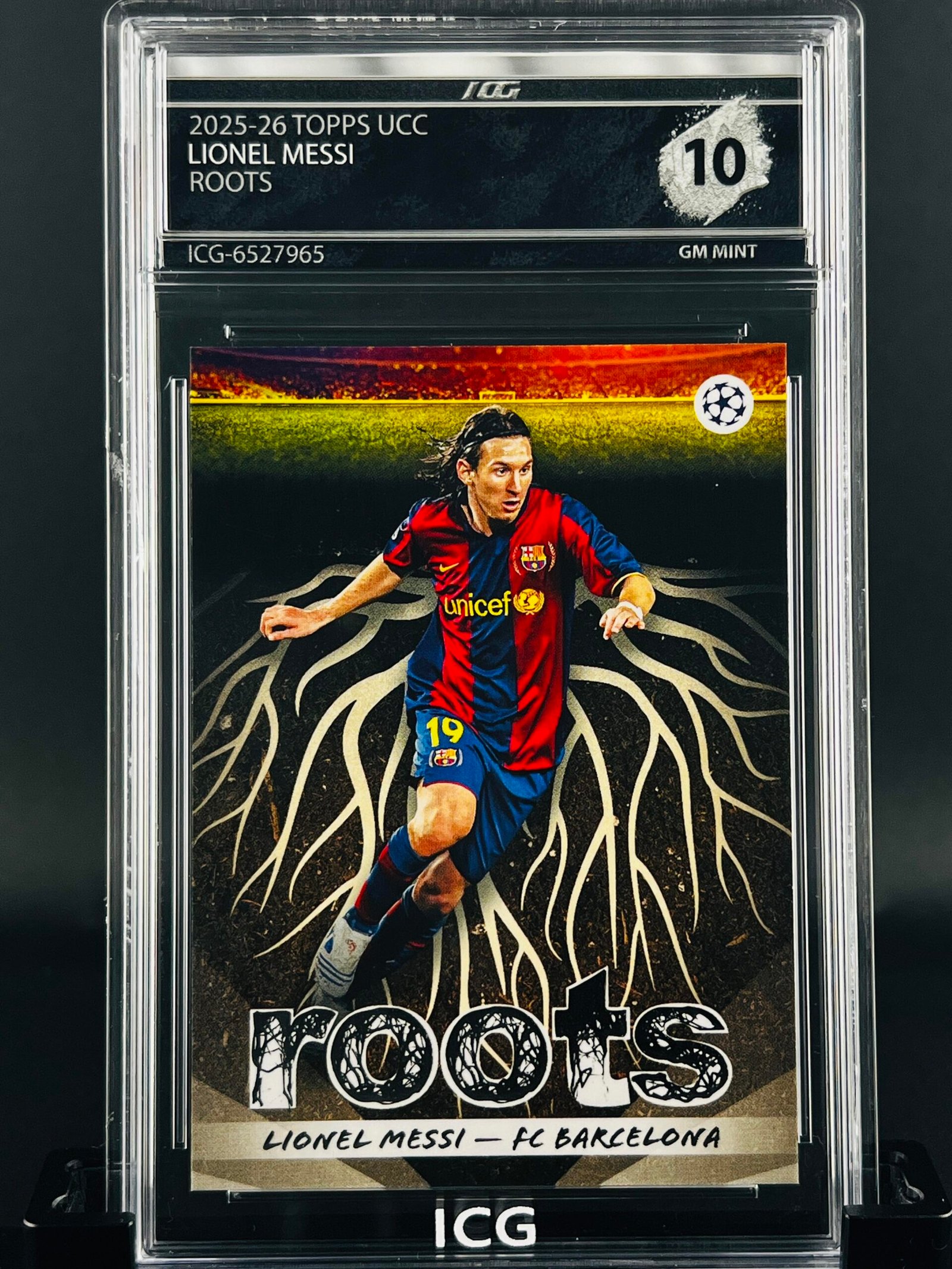 Fotografía de Cromo Lionel Messi Topps Roots · GEM MINT 10 · Inception Card Grading · ICG · Sports Cards · TCG