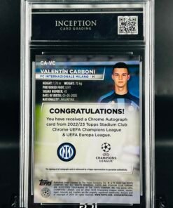 Otra vista de Cromo de fútbol Valentin Carboni Autograph · Topps Stadium Chrome · GM MINT 10 · Inception Card Grading · ICG · Sports Cards · TCG