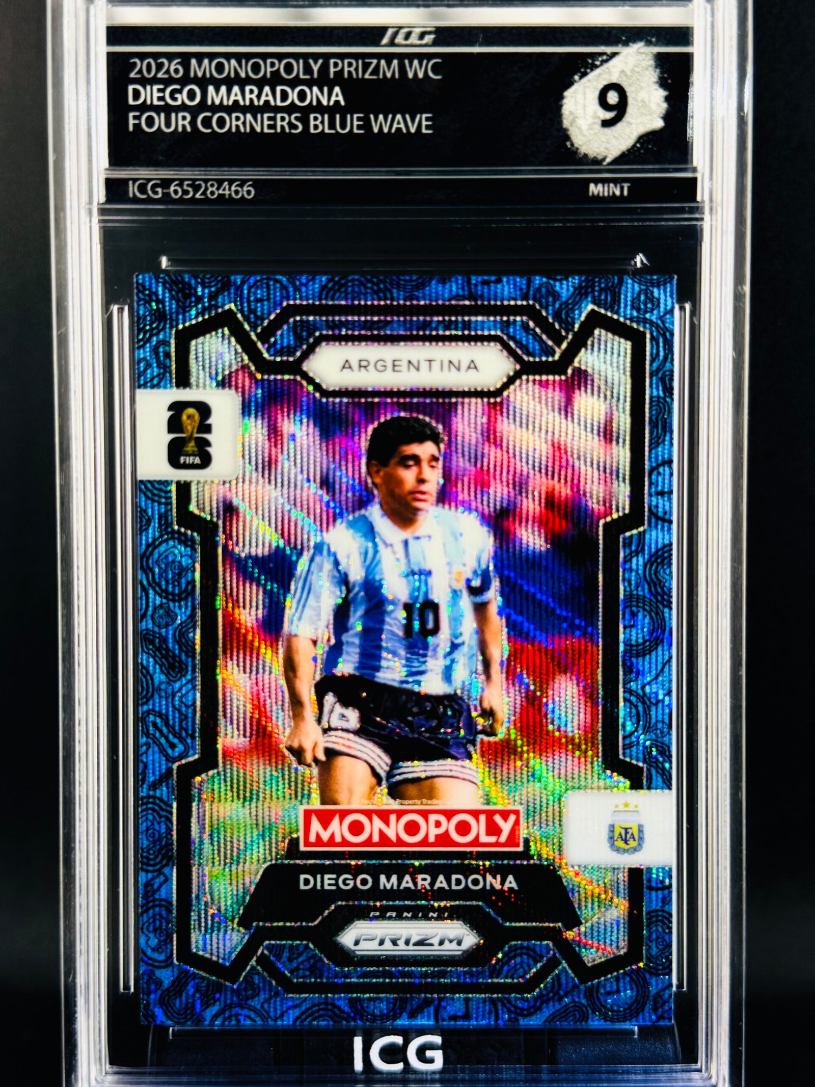 Fotografía de Cromo Diego Maradona Four Corners Blue Wave PRIZM Panini Fifa World Cup Monopoly MINT 9 · Inception Card Grading · ICG · Sports Cards · TCG