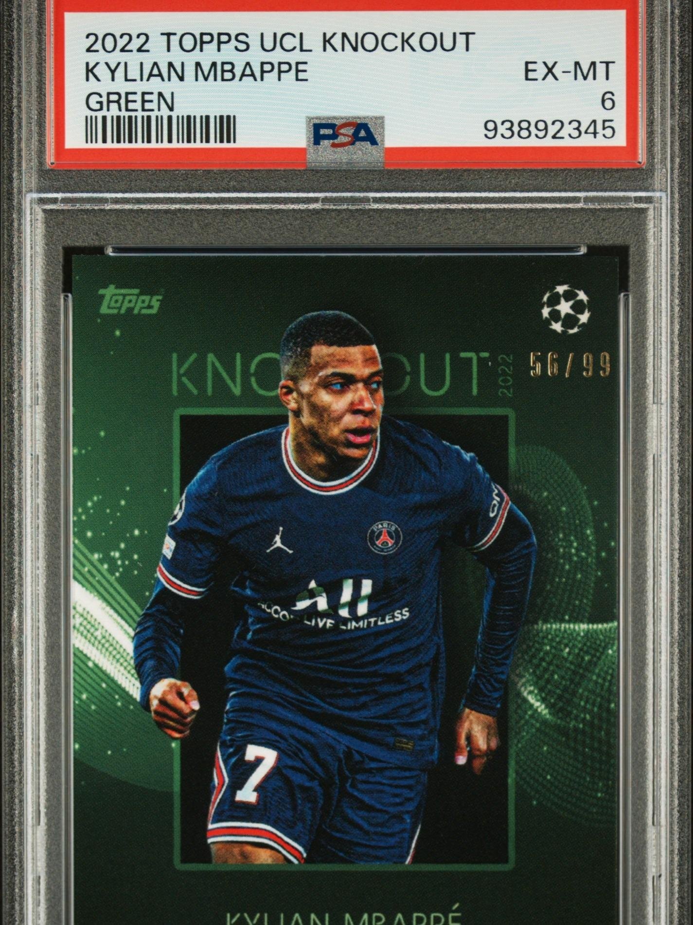 Fotografía de Cromo de fútbol 2022 TOPPS KNOCKOUT KYLIAN MBAPPE GREEN /99 PSA