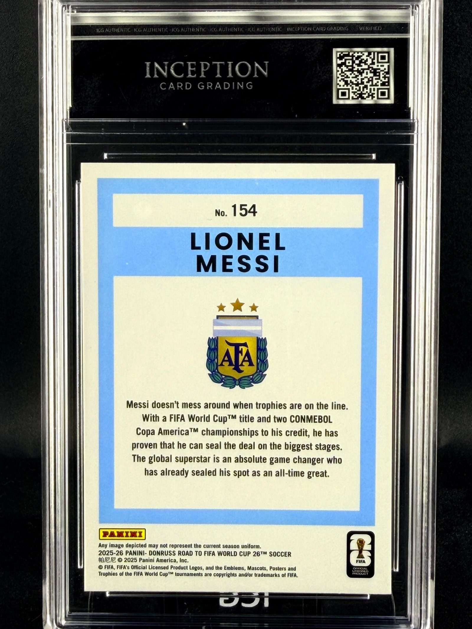 Otra vista de Cromo Lionel Messi Panini Donruss World Cup MINT 9 · Inception Card Grading · ICG · Sports Cards · TCG
