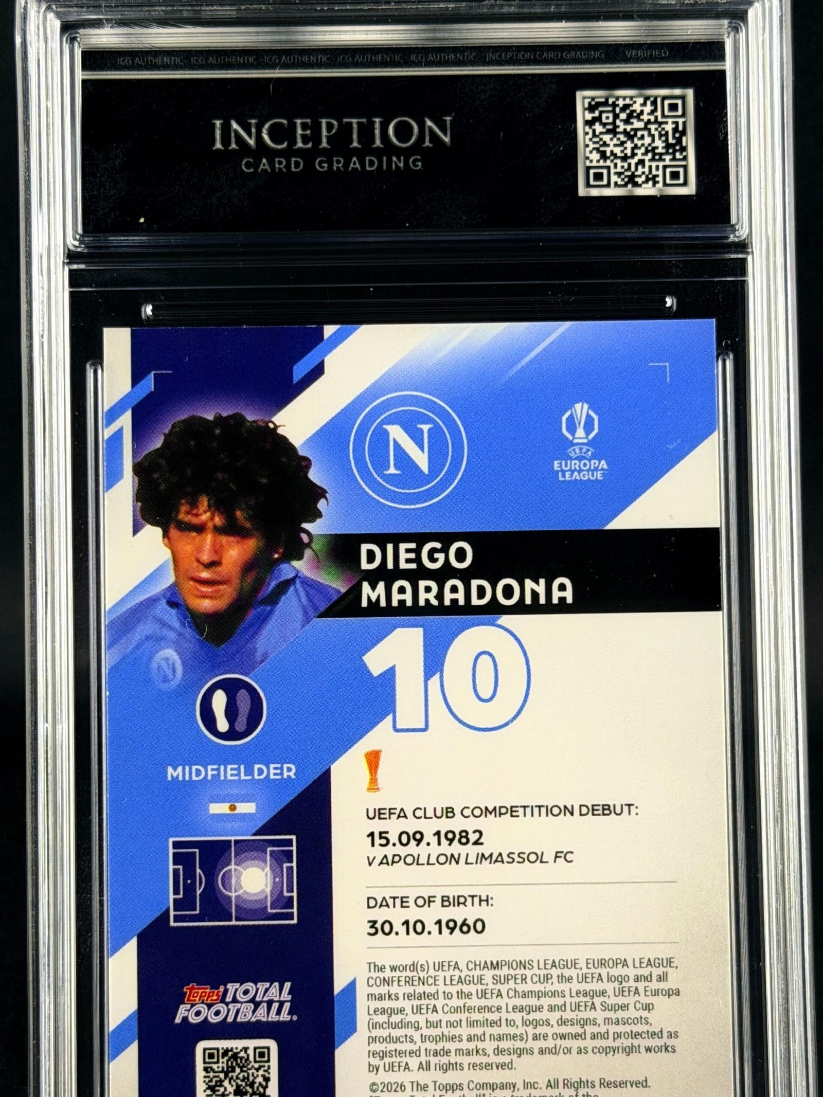 Otra vista de Cromo Diego Maradona 76/99 Topps TTF GEM MINT 10 · Inception Card Grading · ICG · Sports Cards · TCG