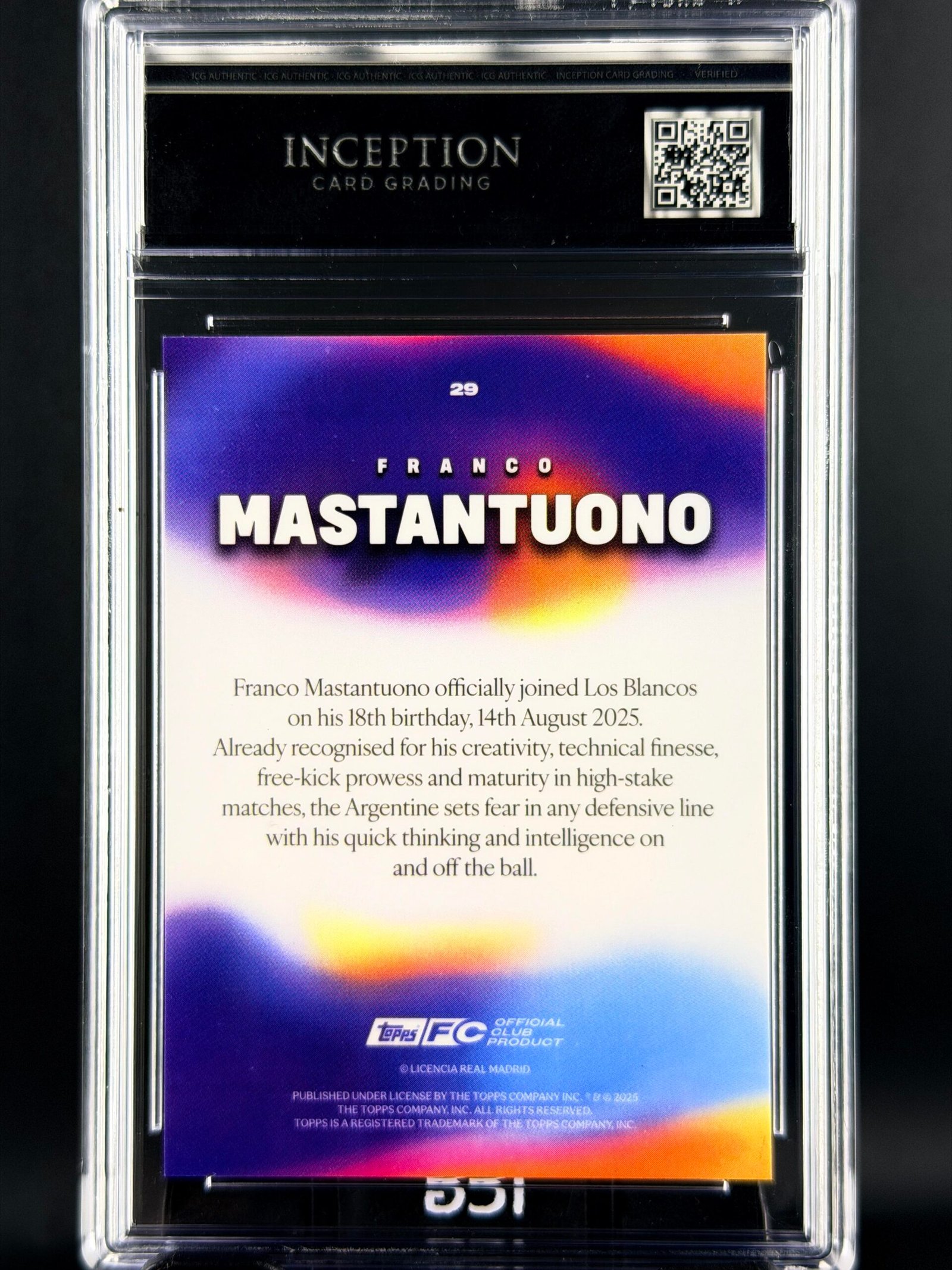 Otra vista de Cromo Mastantuono Futuro Rookie Topps Los Blancos Real Madrid · GEM MINT 10 · Inception Card Grading · ICG · Sports Cards · TCG