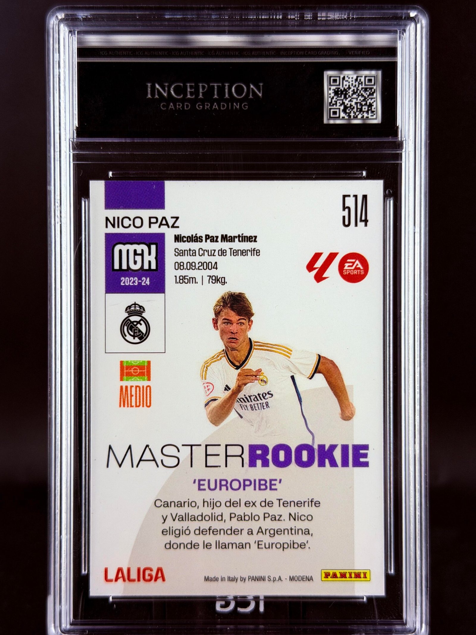 Otra vista de Cromo Nico Paz Master Rookie Panini Megacracks GEM MINT 10 · Inception Card Grading · ICG · Sports Cards · TCG