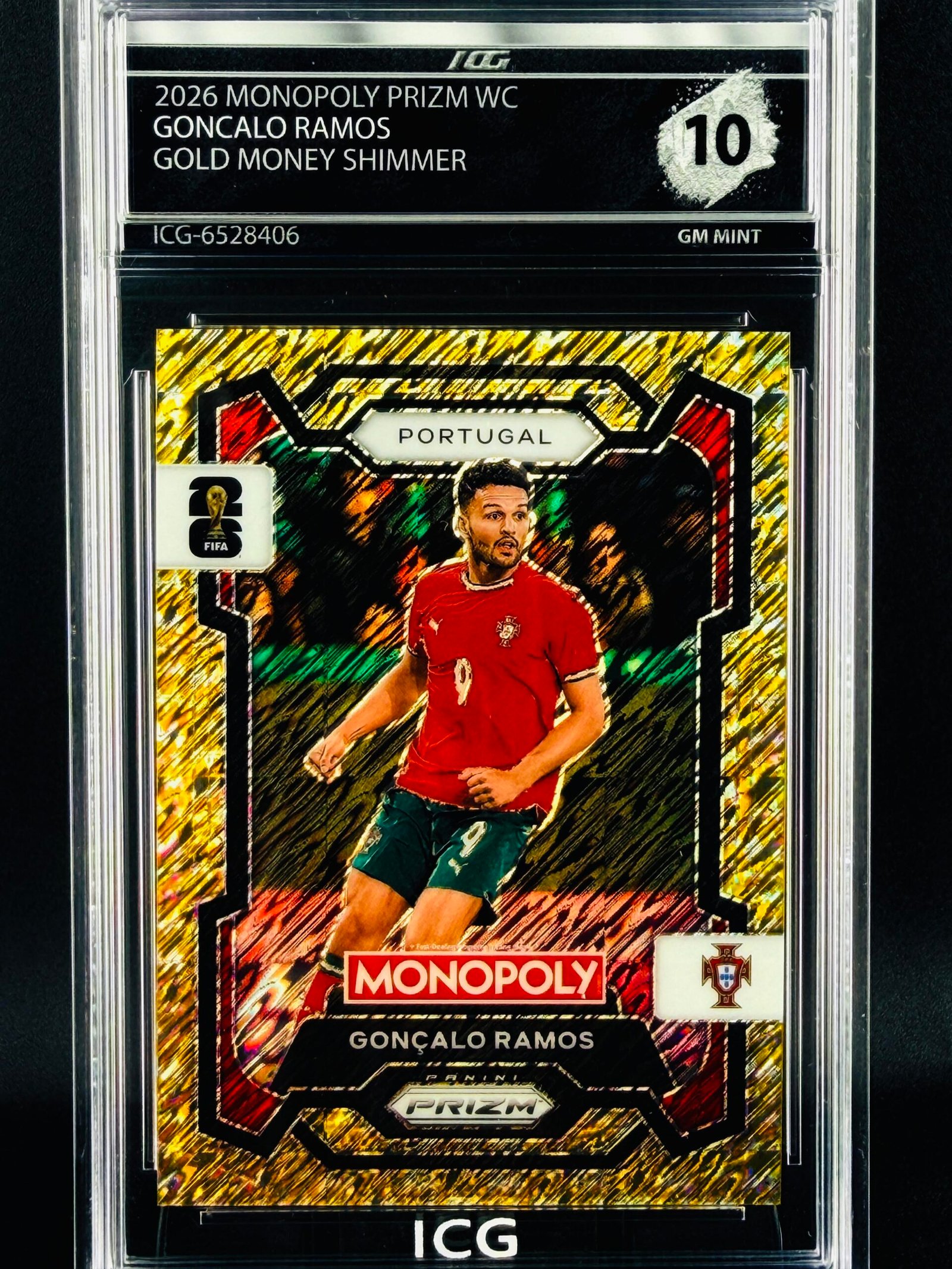 Otra vista de Cromo Gonçalo Ramos Panini Monopoly Gold Big Money Shimmer GEM MINT 10 · Inception Card Grading · ICG · Sports Cards · TCG
