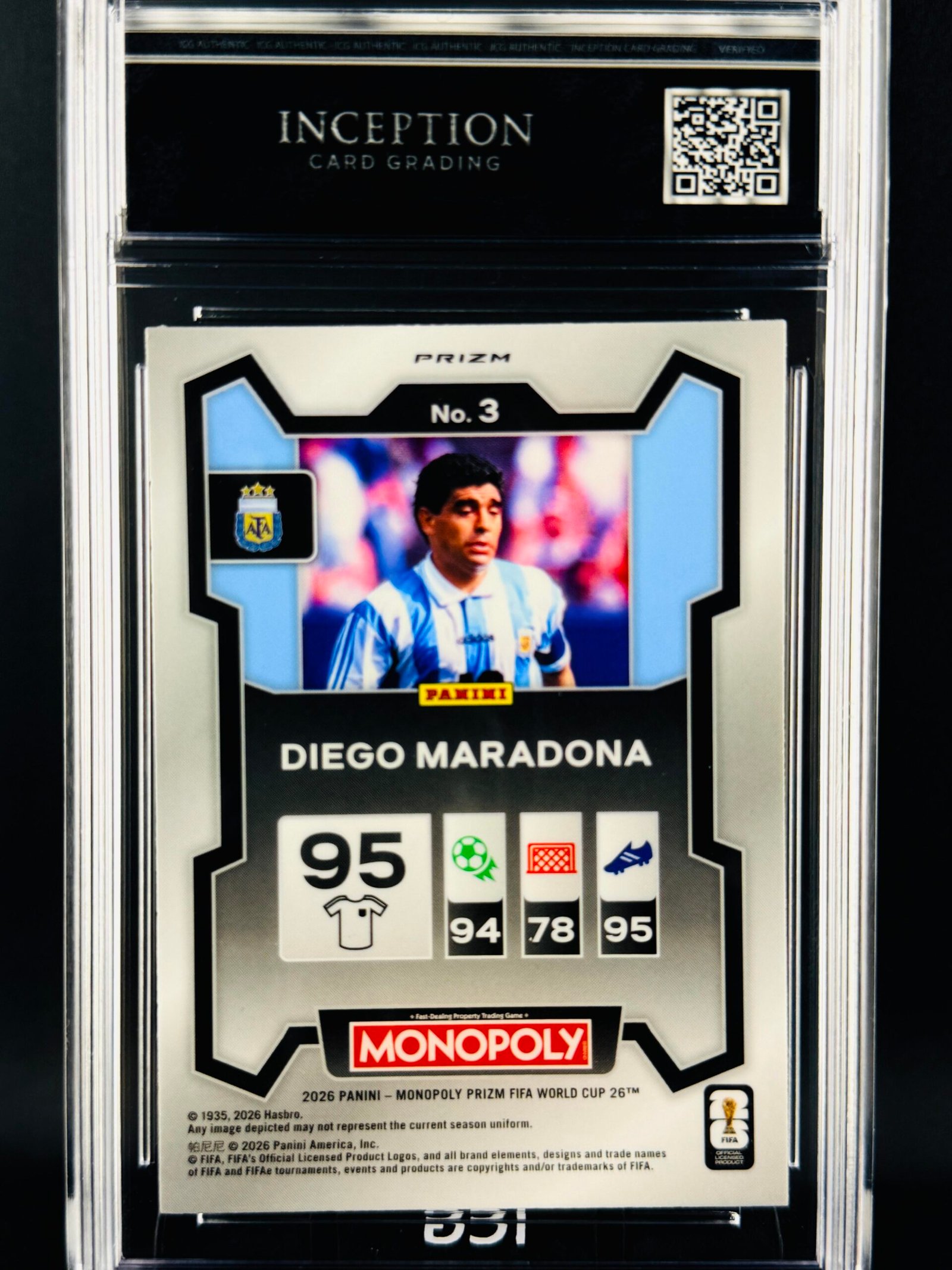 Otra vista de Cromo Diego Maradona Four Corners Green Wave PRIZM Panini Fifa World Cup Monopoly MINT 9 · Inception Card Grading · ICG · Sports Cards · TCG