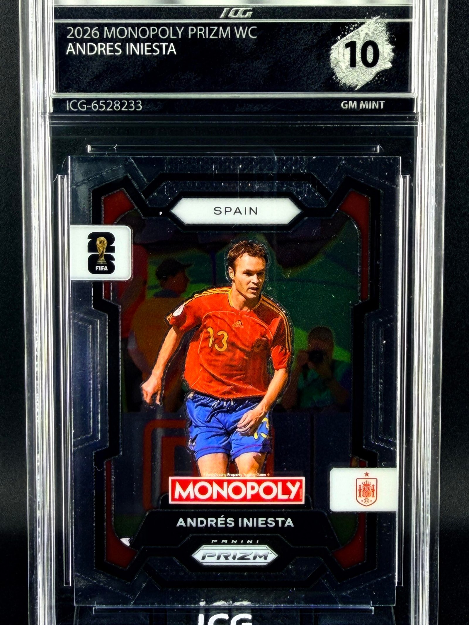 Otra vista de Cromo Andres Iniesta Panini Monopoly GEM MINT 10 · Inception Card Grading · ICG · Sports Cards · TCG
