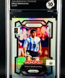 Otra vista de Cromo Diego Maradona SILVER PRIZM Panini Fifa World Cup Monopoly GEM MINT 10 · Inception Card Grading · ICG · Sports Cards · TCG