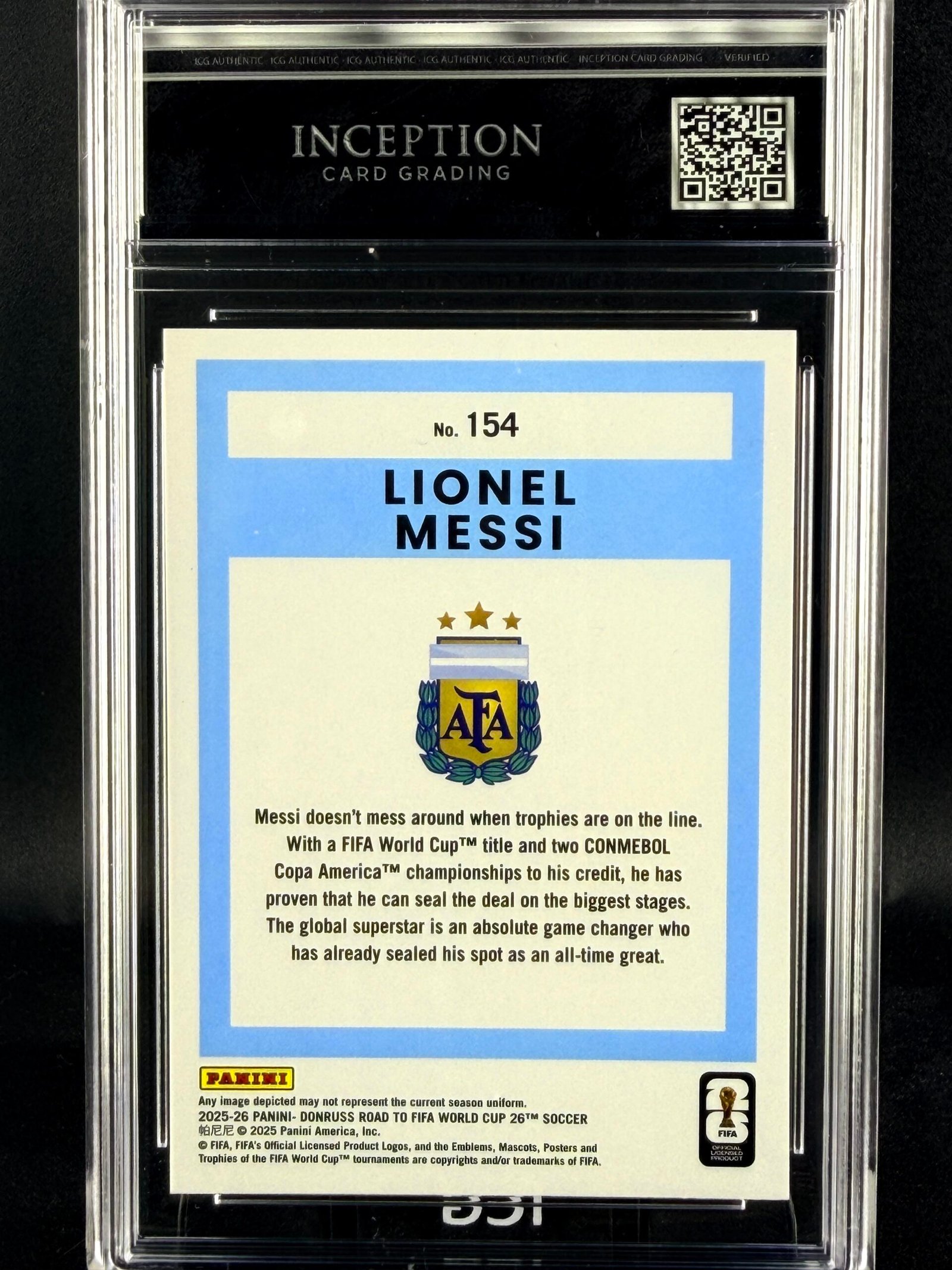 Otra vista de Cromo Lionel Messi Panini Donruss World Cup MINT 9 · Inception Card Grading · ICG · Sports Cards · TCG