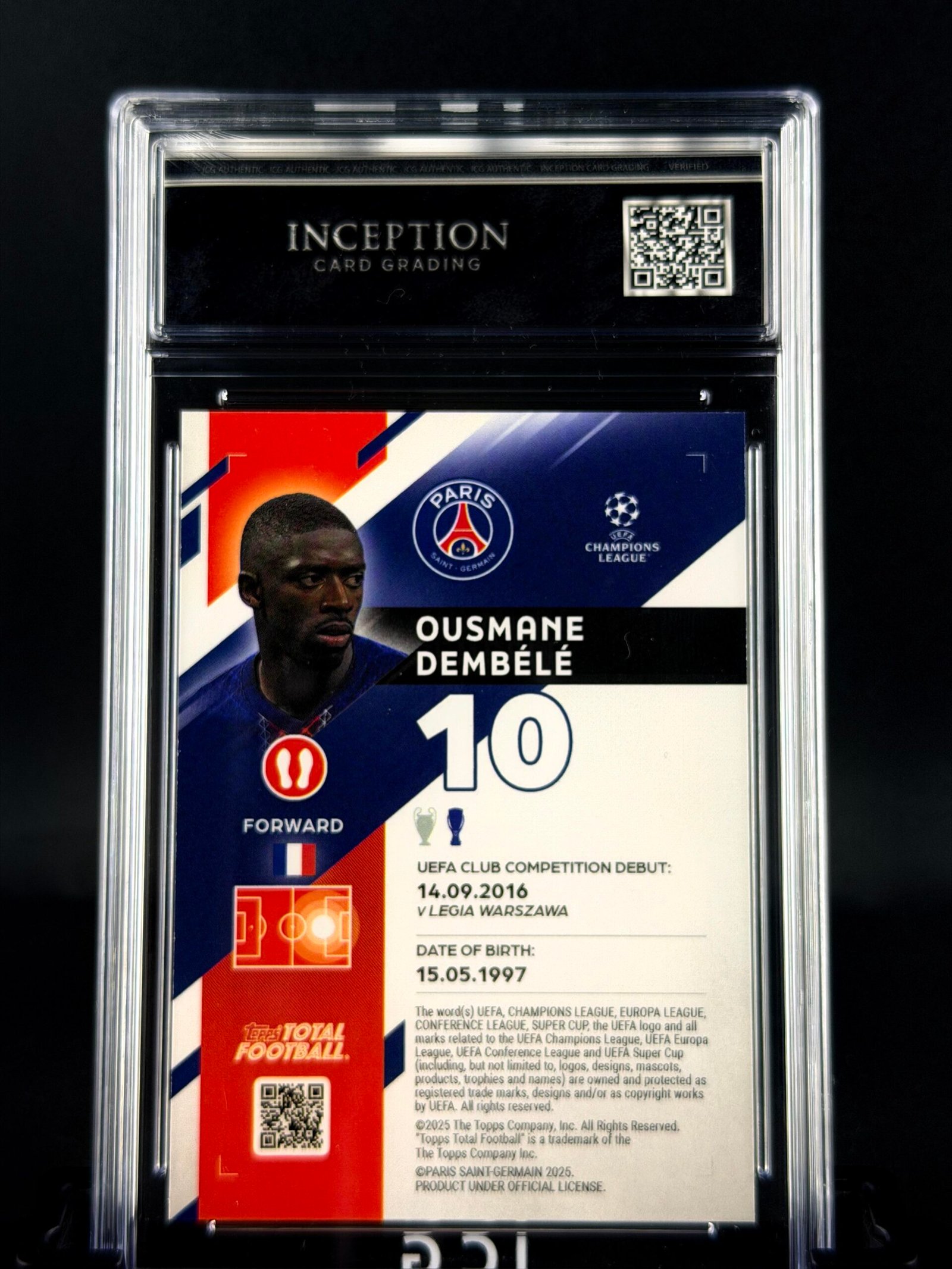 Otra vista de Cromo Ousmane Dembelé Topps TTF 19/25 GEM MINT 10 · ICG