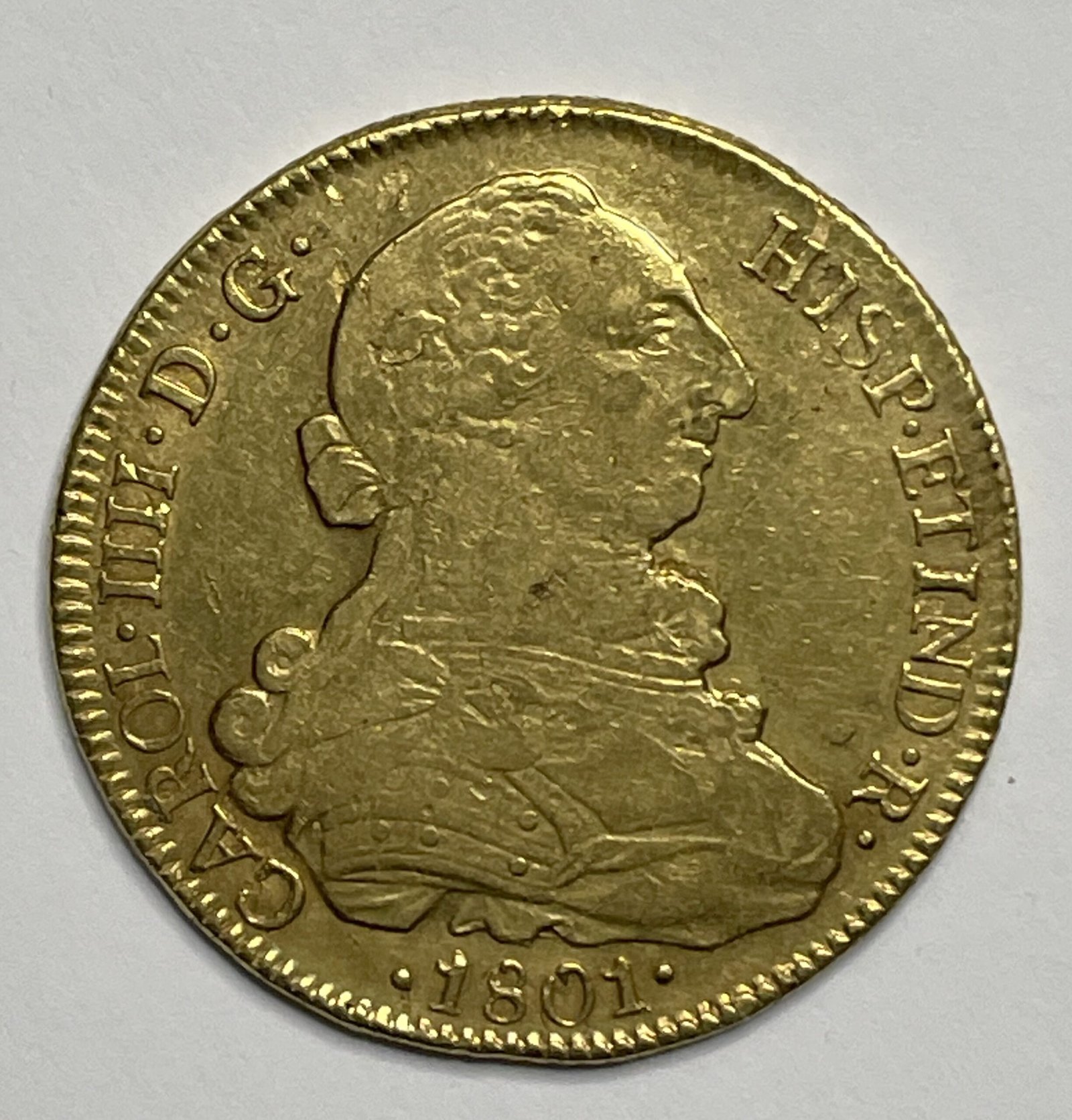 8 Escudos 1801 Carlos IV. Santiago. AJ.