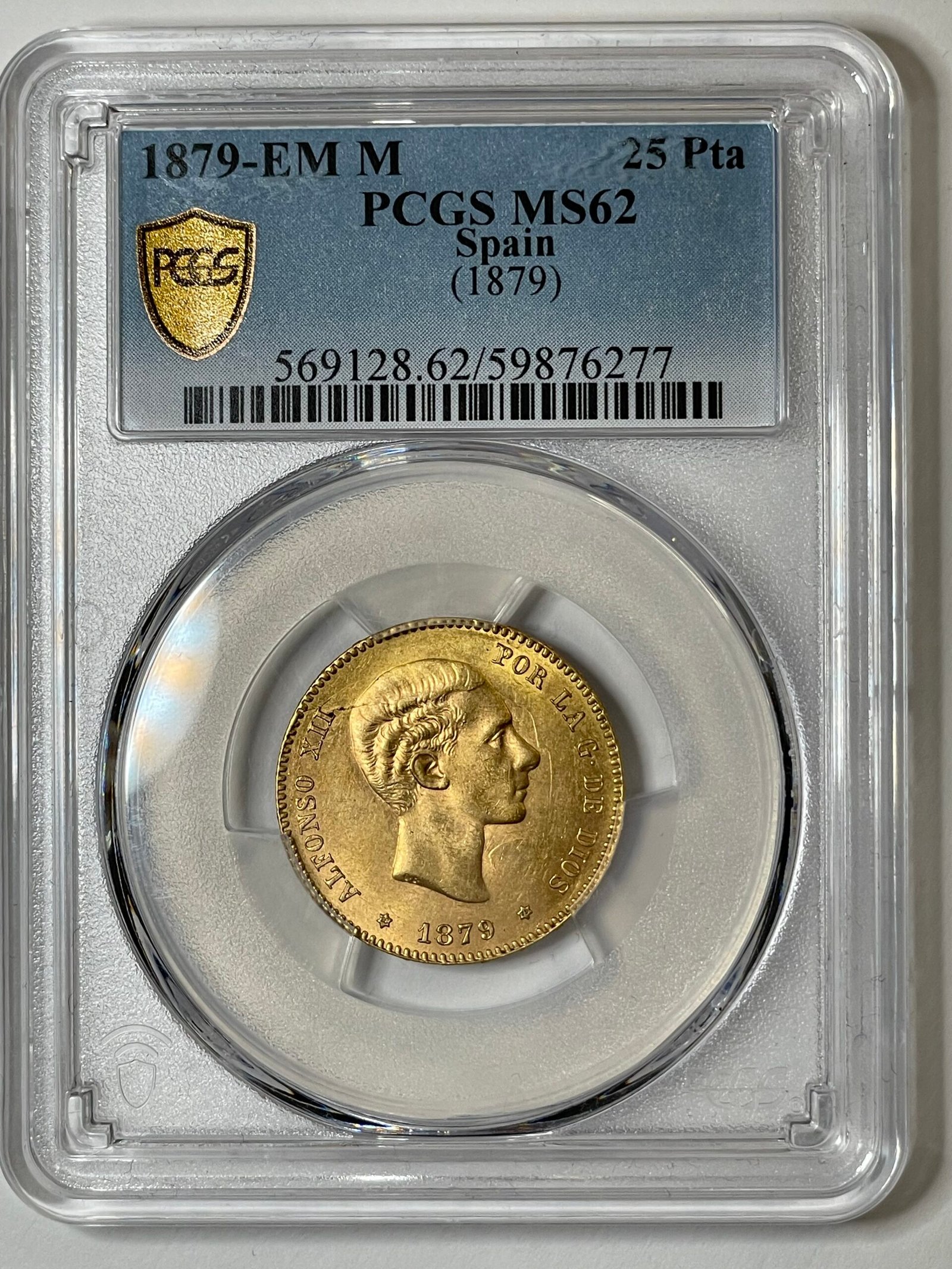 25 pesetas 1879 E M-M Madrid AU 8.05 g. Ref : Cal.74 PCGS MS 62